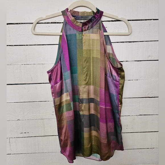 Go By Go Silk Go Scuba Cutaway Madras Plaid Top Blouse Multicolor Zip Front Sz S - Picture 2 of 8